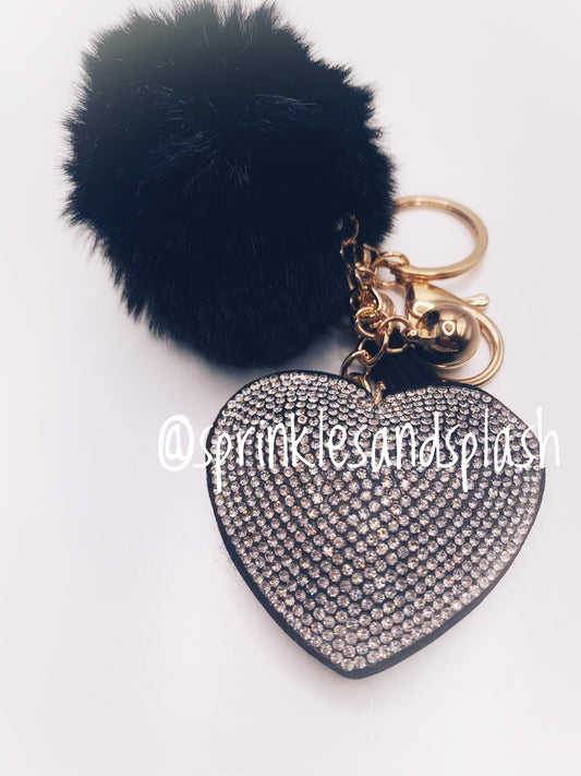 Silver and Black Dazzled Heart w/ Black Puff Keychain