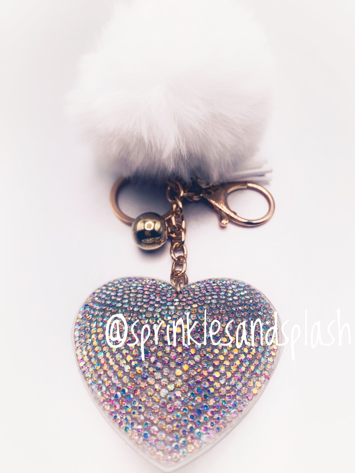 Silver and White Dazzled Heart w/ White Puff Keychain