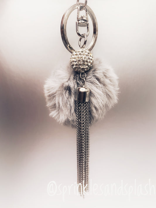 Silver Tassel w/ Grey Pom Pom Keychain